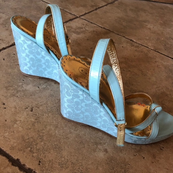 Tiffany Blue and Gold Coach Ankle Wrap Wedge Heels - Picture 2 of 5